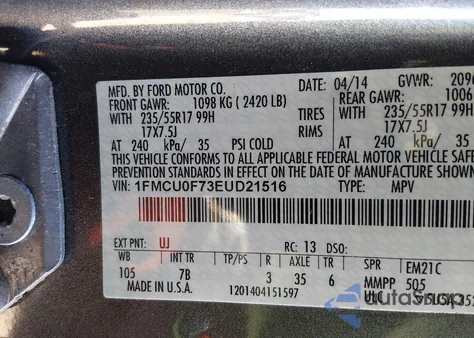 2014 Ford Escape S z USA, uszkodzony, nr VIN 1FMCU0F73EUD21516